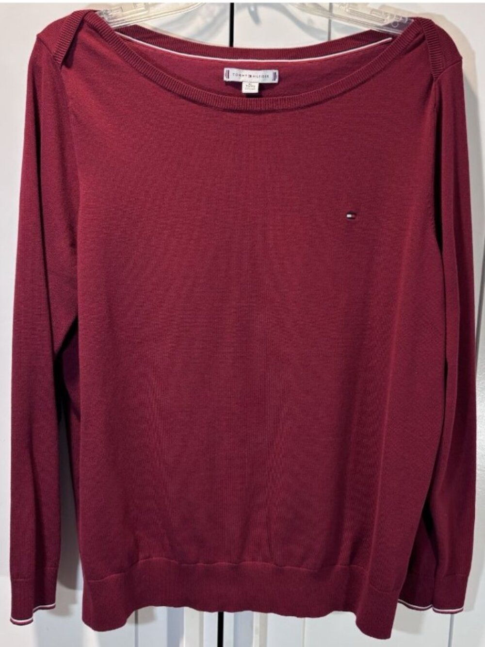 TOMMY HILFIGER Cotton Blend Red Logo Boatneck Pullover Sweater Women’s Size XL